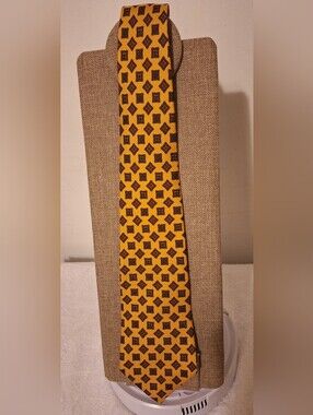 Vintage Tommy Hilfiger Silk Mustard Yellow Tie with Brown Geometric Pattern